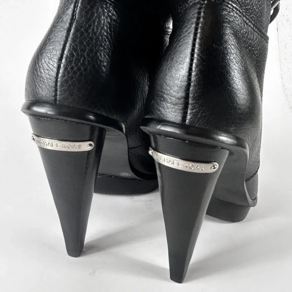 Michael Kors Women's Size 6M Black Leather Peep Toe Lace Up Booties Heels Shoe - Picture 5 of 9